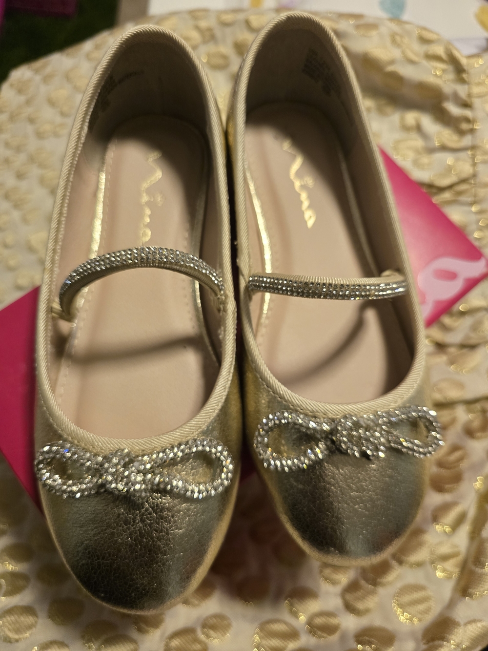 Girls' Gold Dress Ballet Flats with Crystal Bow and Strap - Size 12 by Nina
